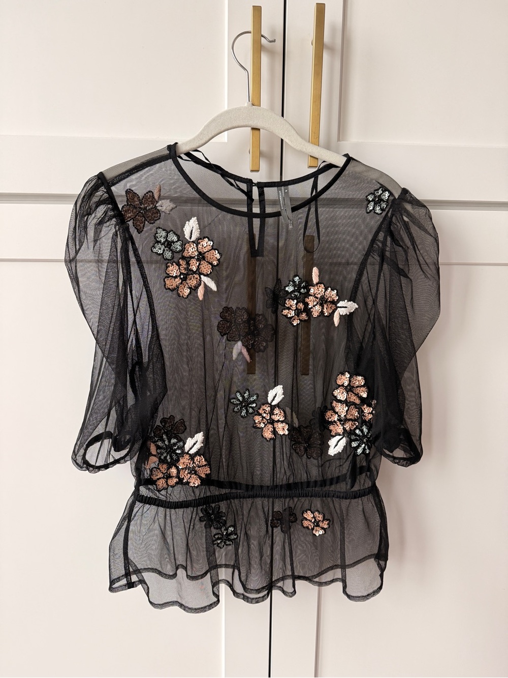 Anthropologie Sheer Black Floral Embroidered Peplum Top